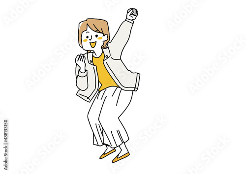 喜びを体現する女性　コミカルな手書きの人物イラスト　ベクター線画にシンプルな色つけ　白バック