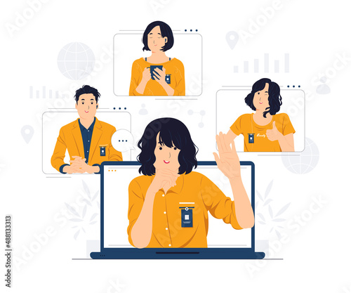 Business video call conference, telecommuting, Webinar, using laptop talk to colleagues, online learning and remote working concept illustration