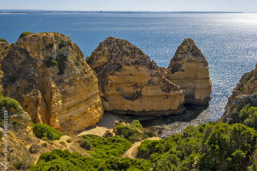 Panoramic view with Cliff, rocks and emerald sea at Ponta da Piedade near Lagos, Algarve, Portugal