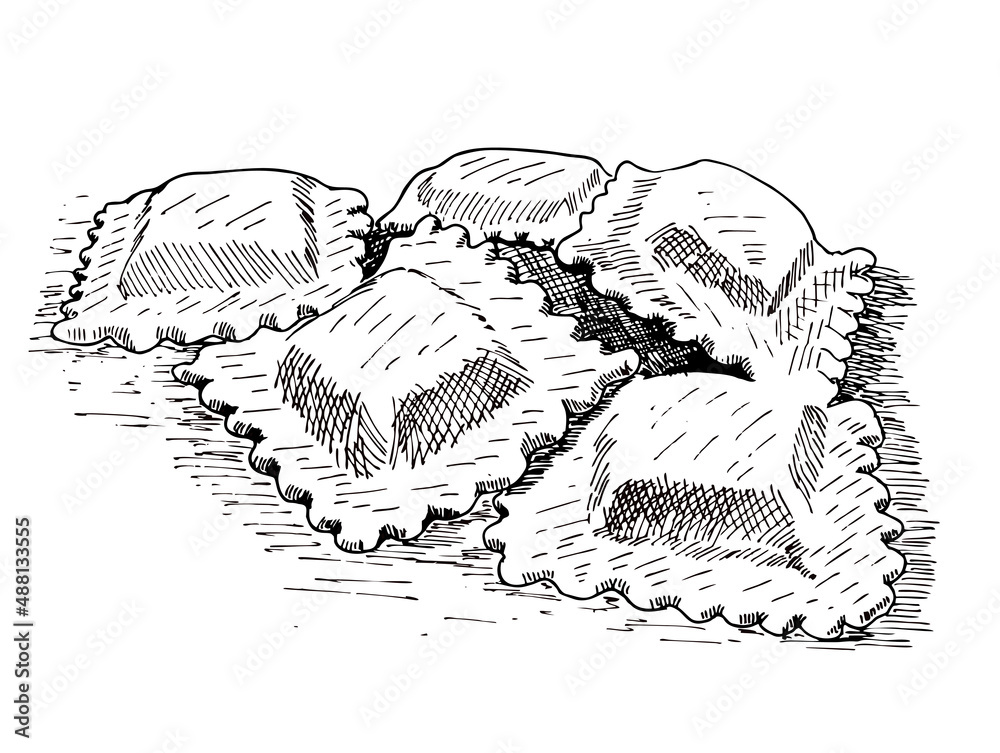 Ravioli pasta sketch. Italian cuisine drawing badge. Retro style vector illustration. Vintage
