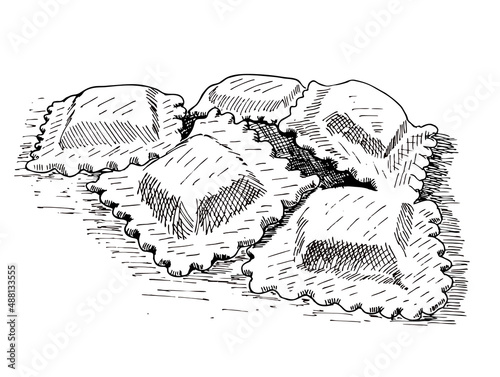 Ravioli pasta sketch. Italian cuisine drawing badge. Retro style vector illustration. Vintage sketch element for labels, packaging and cards design. Group of raw ravioli pasta