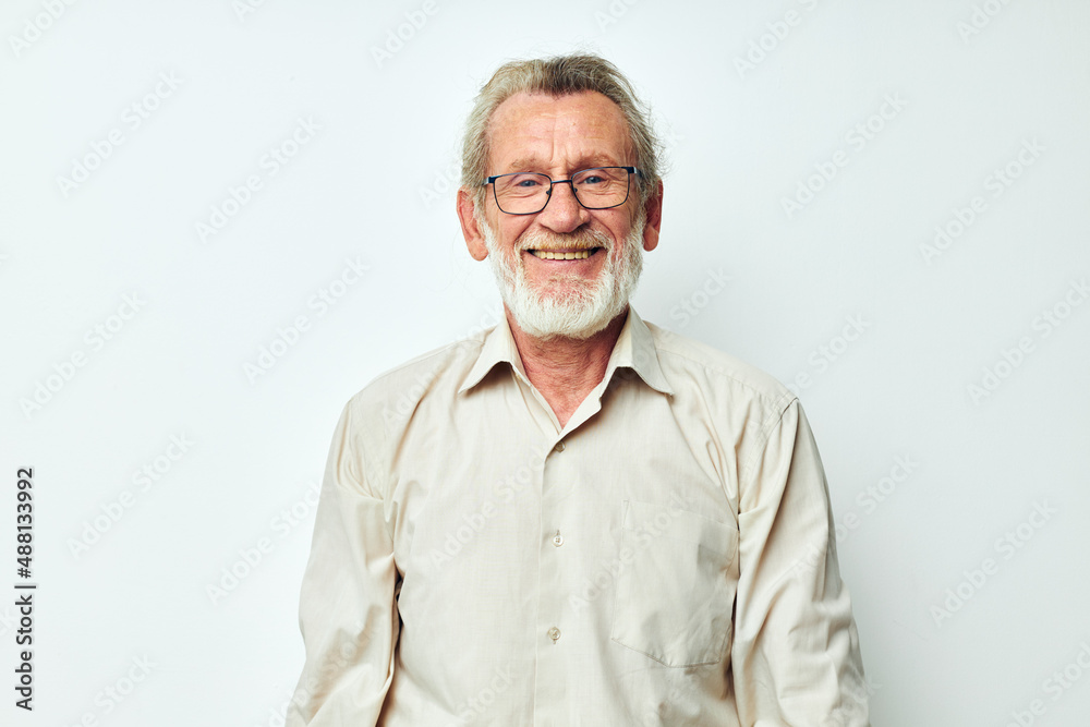Portrait elderly man wears glasses in shirts isolated background Portrait elderly man wears glasses in shirts isolated background