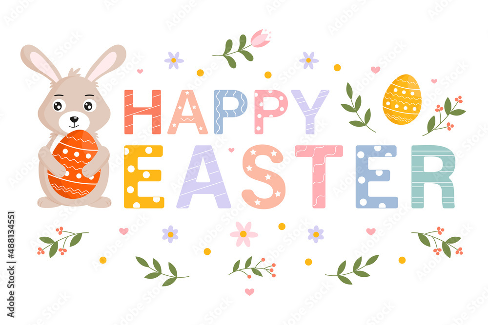 Happy Easter. Postcard design, banner for website. Easter bunny with painted egg. Lettering. Vector illustration