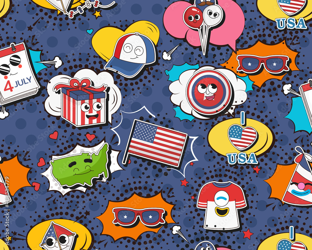 Fototapeta premium Vector flat seamless texture pattern Hand drawn flat trendy cartoon elements collection 4 Of July