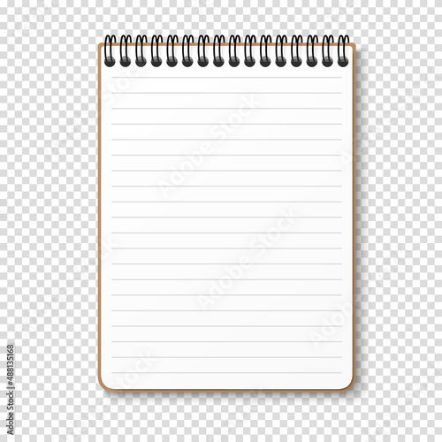 Notepad with a horizontal spring spiral. Notebook with lined white sheet. Vector illustration on a transparent background