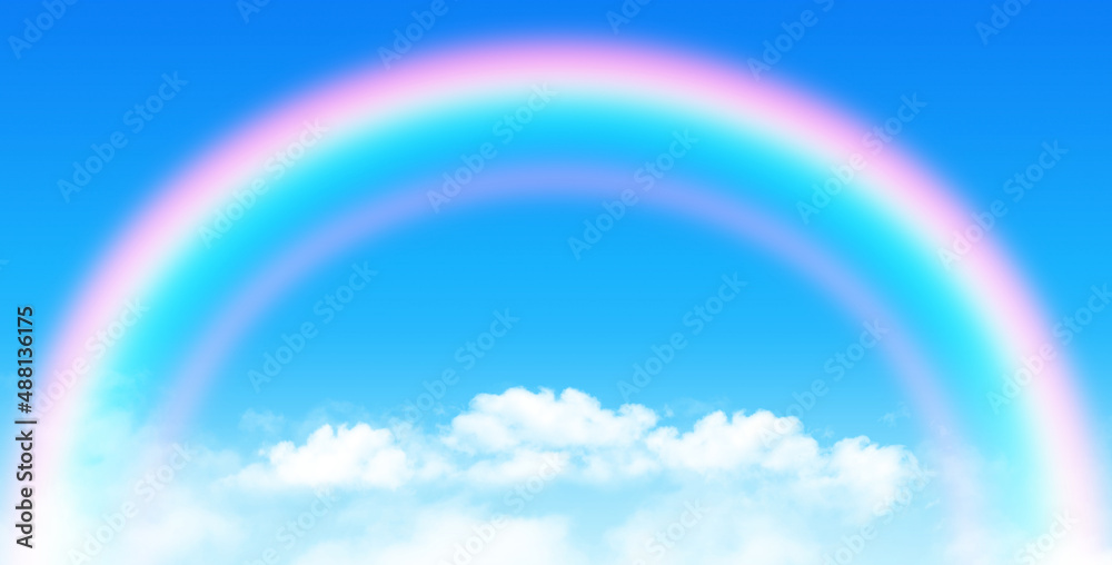 Sunny day background, blue sky with white cumulus clouds and rainbow, natural summer or spring background with perfect hot day weather illustration.