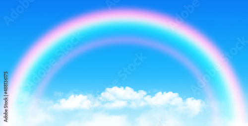 Sunny day background, blue sky with white cumulus clouds and rainbow, natural summer or spring background with perfect hot day weather illustration. © Cobalt