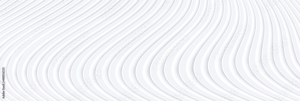 Abstract white background with 3D waves pattern, interesting minimal white gray striped design