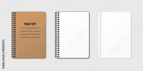 Vertical spiral spring notepad with space for your image or text on gray isolated background in three variations. Clean empty sheet. Notebook vector clipart illustration. Top view