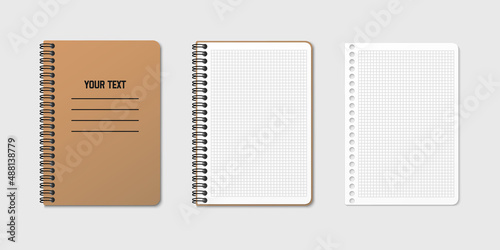 Vertical spiral spring notepad with space for your image or text on gray isolated background in three variations. Checkered sheet. Notebook vector clipart illustration. Top view