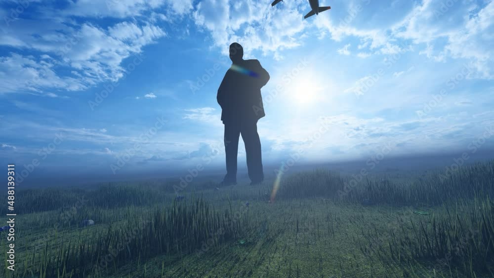 Silhouette of a plane flying over the head of a successful person Silhouette of a plane flying over the head of a successful person