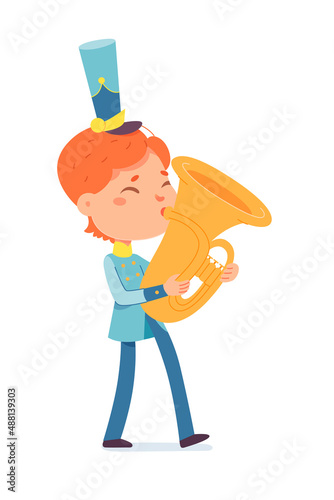 Kid with brass trumpet playing fun music in school orchestra, boy walking on parade