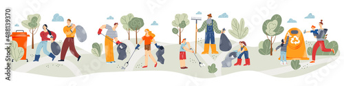 People cleaning environment, collecting garbage in containers with recycle sign