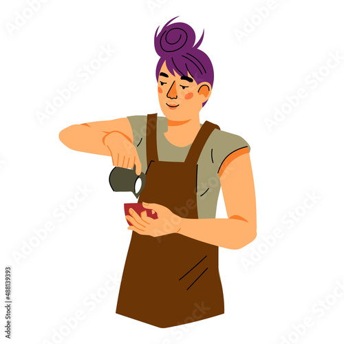 Barista pouring milk to coffee cup, flat vector illustration isolated on white background. Barista female character for coffee shop and takeaway.