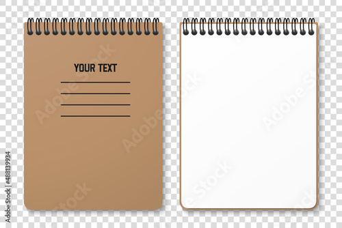 Horizontal spiral spring notepad with space for your image or text on transparent background for mockup. Notebook vector design concept. Clipart illustration. Top view