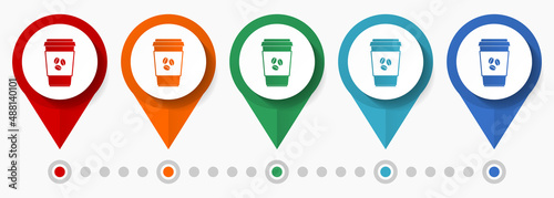 Cup of hot coffee, drink concept vector icon set, flat design cafe pointers, infographic template easy to edit