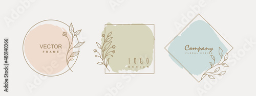 Hand drawn floral frames. Logo template in minimal style with flowers. Botanical trendy vector illustration for labels, branding business identity, wedding invitation. Vector illustration