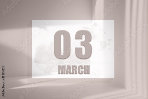 march 03. 03th day of the month, calendar date. White sheet of paper with numbers on minimalistic pink background with window shadows.Spring month, day of the year concept photo