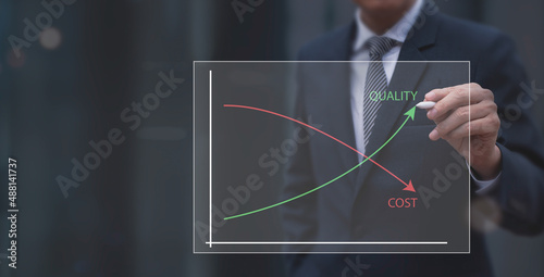 Cost and quality control, business strategy and project management concept. Businessman working on virtual screen with quality control growth graph and cost reduction