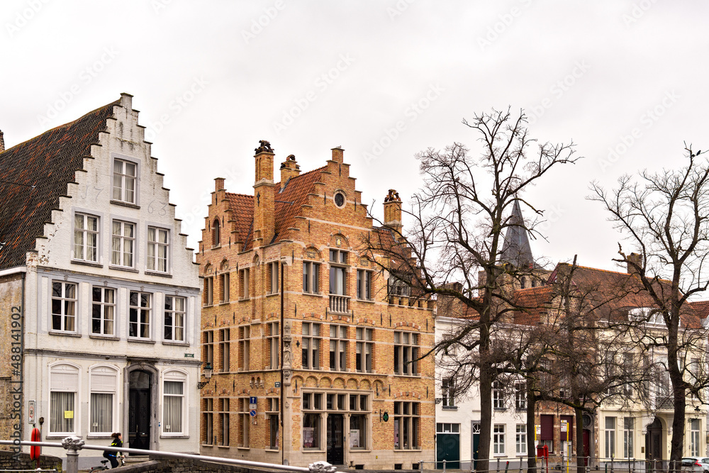Traditional style  buildings in Langerei street in Historic city of Bruges, Belgium