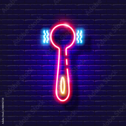 Vibrating massager neon icon. Sex shop concept. Toys for adults. Gadgets for love. Vector sign for design, website, signboard, banner, advertisement.
