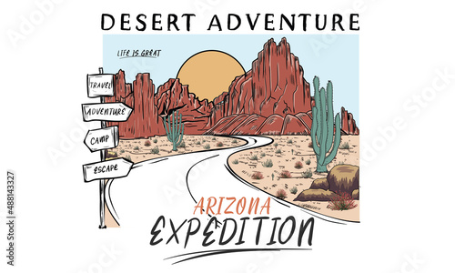 Arizona adventure vector print design for  t shirt, poster, batch, and others. Arizona desert vibes artwork design.