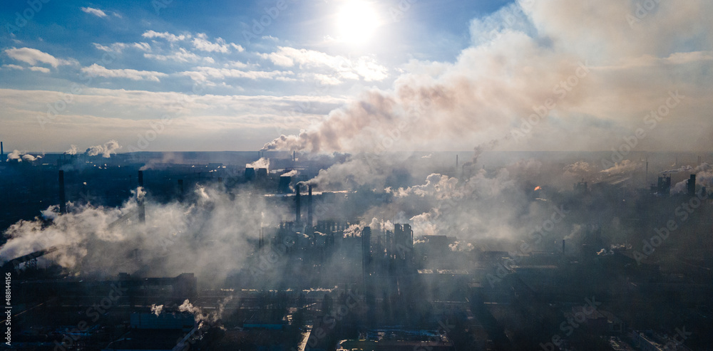 Fototapeta premium metallurgical plant smoke from chimneys industry drone photography