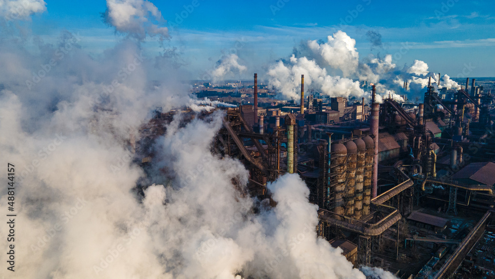 Fototapeta premium metallurgical plant smoke from chimneys industry drone photography