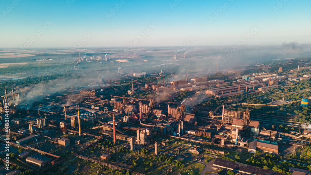 factory smoke from chimneys from a height panorama