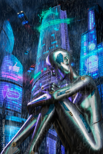 A metal cyborg girl sits in the rain in the city of the future.