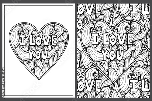 I Love You doodle heart coloring pages set in US Letter format. Black and white Valentine   s Day patterns for antistress coloring book. Wavy mandala with quote. Vector illustration