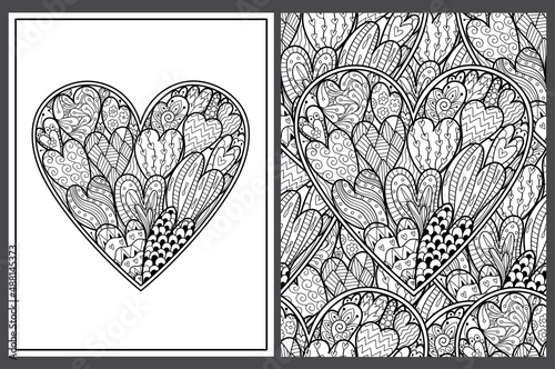 Doodle heart coloring pages set in US Letter format. Black and white Valentine’s Day patterns for antistress coloring book. Love mandala. Vector illustration