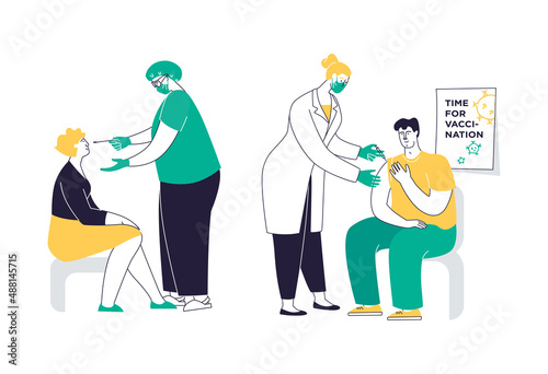 Medical Nurse is Taking PCR test. Young man is vaccinated.