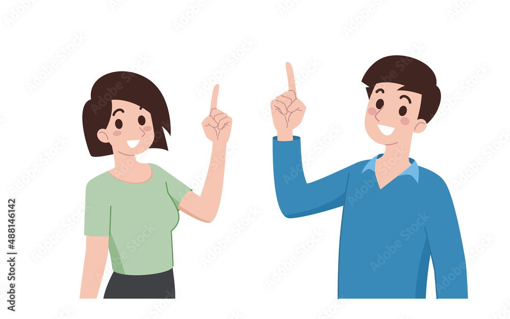 A young man and a woman smile and point gesture their finger on direction up to show a product or a banner about an advertisement. Cartoon characters pointing in various poses. A young man and a woman smile and point gesture their finger on direction up to show a product or a banner about an advertisement. Cartoon characters pointing in various poses.
