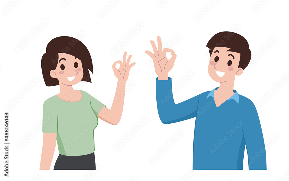 A young man and a woman smile and do the hand gesture ok or feel fine sign. Cartoon characters show their hands to prove the product or goods is good quality for advertising. A young man and a woman smile and do the hand gesture ok or feel fine sign. Cartoon characters show their hands to prove the product or goods is good quality for advertising.