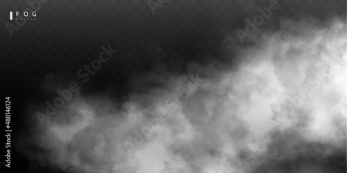 White fog or smok. Realistic fog. Atmosphere mist effect and smoke clouds isolated on transparent background. Vector abstract cloud texture