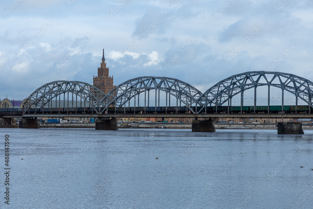 Railway Bridge over Daugava River. Riga Old Town. Medieval Gothic Architecture. Riga the capital of Latvia. Baltic states. Europe.