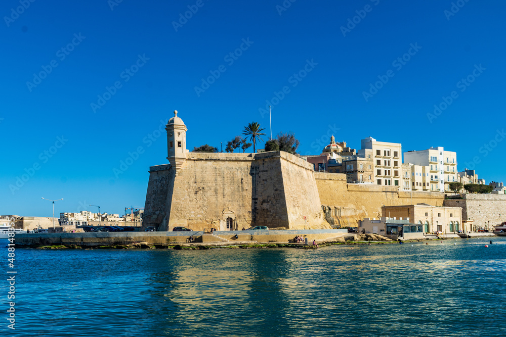 The Spur bastion with its Gardjola (Guard Tower) is at the tip of the fortified city of Senglea, one of the Three Cities of Malta.