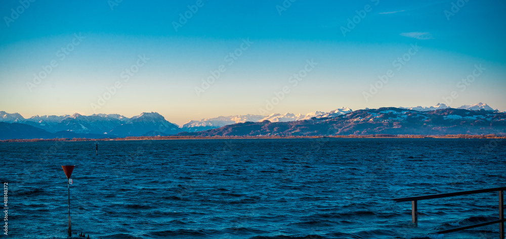 Panoramic view from Lake Constance of  the swiss alps 