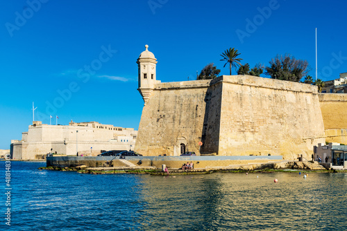 Sticking out into the Grand Harbour in Malta is The Spur bastion part of the fortified city of Senglea and behind it is Fort St. Angelo at the tip of Birgu (Vittoriosa).