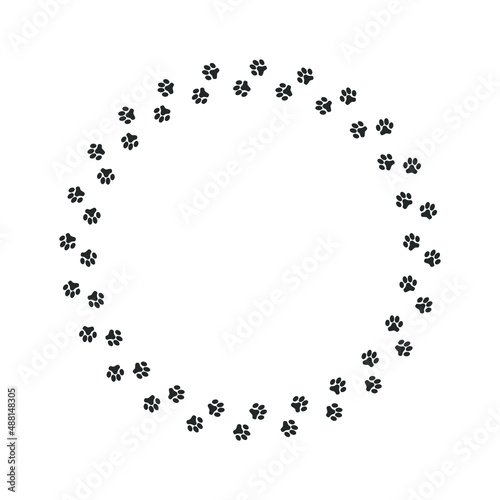 Prints paws dog graphic sign. Frame from traces animal going in a circle isolated on white background. Vector illustration