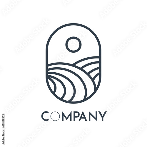 Modern rural landscape logo with hilly rice fields and sunset. line design. Vector illustration. oval elements. suitable for company logos, cafes, and restaurants.