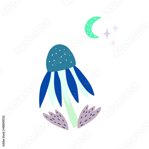 Flower blossom with moon and stars composition on white background. Vector clipart. 