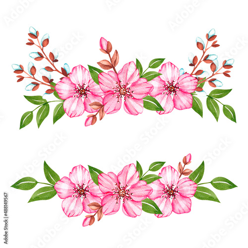 Watercolor bouquet of pink cherry blossoms on a white background