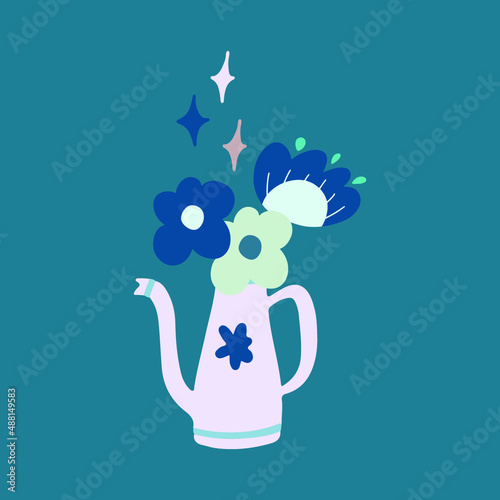 Flowers bouquet in watering can composition on dark green background. Vector clipart. 