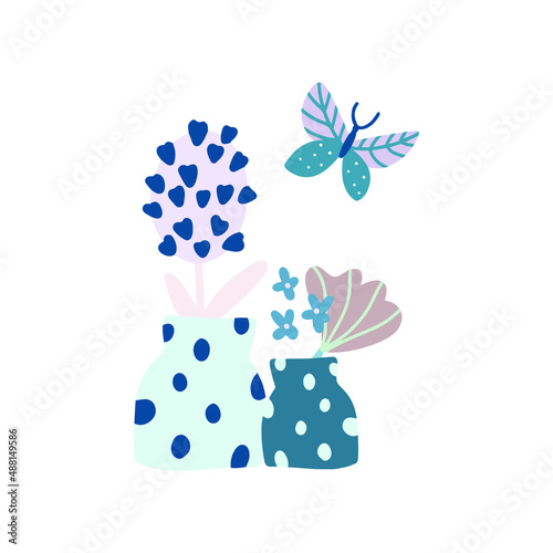 Flowers bouquet composition in vases, butterfly on white background. Vector clipart. 