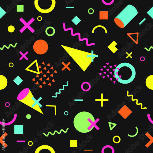 Vector seamless pattern with multicolor geometric shapes on dark background. Retro vintage abstract art print. Fashion 80s-90s. Memphis style design. Wallpaper, cloth design, fabric, paper, textile.