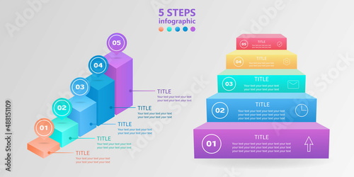 Business infographics set. Ladders from 5 stages. 3 D. Vector illustration.
