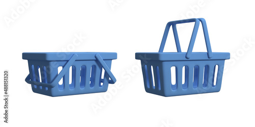 Set of blue shopping baskets isolated on white background. Icons. 3d rendering. 