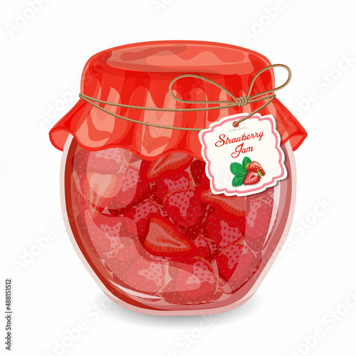 Strawberry jam in a glass jar. Vector illustration